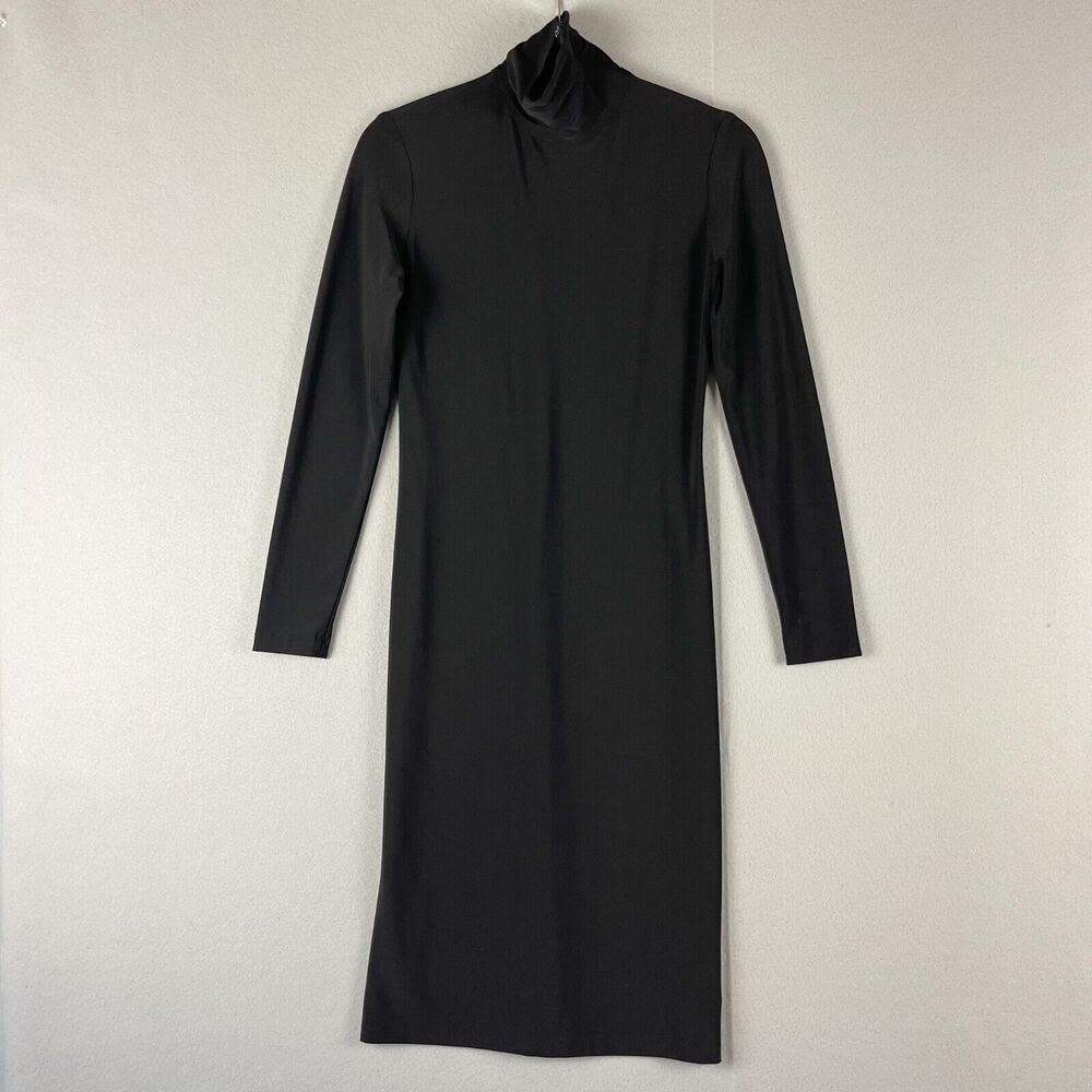 Norma Kamali‎ Jersey Turtleneck Dress Womens XS Black Zip Neck Long Sleeve LBD